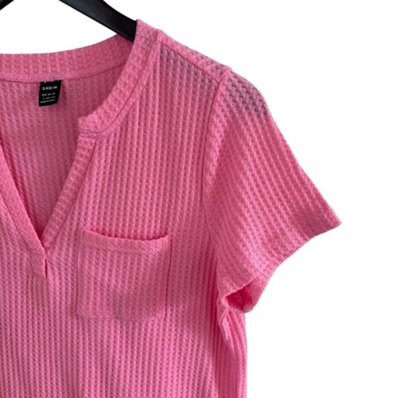 SHEIN Light Pink Ribbed V-Neck Short Sleeve T-Shirt | L - Picture 6 of 12